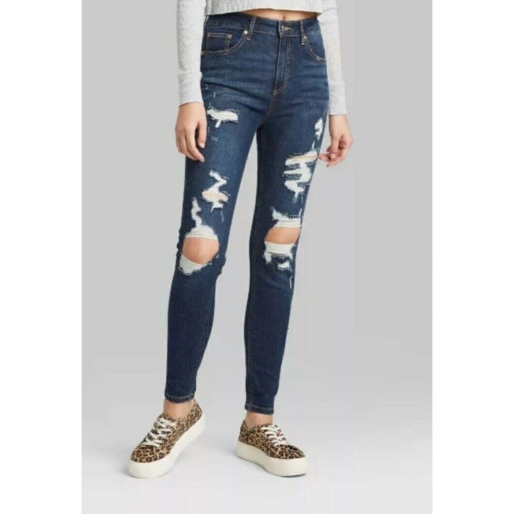 NWT Womens Wild Fable Distressed Dark Rinse High Rise Skinny Jeans - Sz 0 (25”)